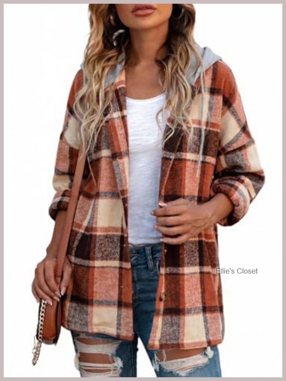 Women's Plaid Flannel Shacket Hooded Button Down Long Sleeve Loose Fit Jacket